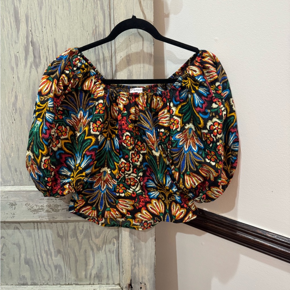 Olivaceous Floral Puff Sleeve Crop Top in Black, Green, Blue, Yellow, Red